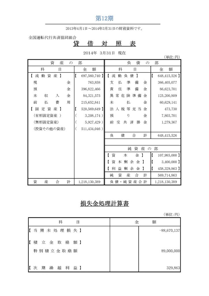 ●決算書2013年度（第12期）