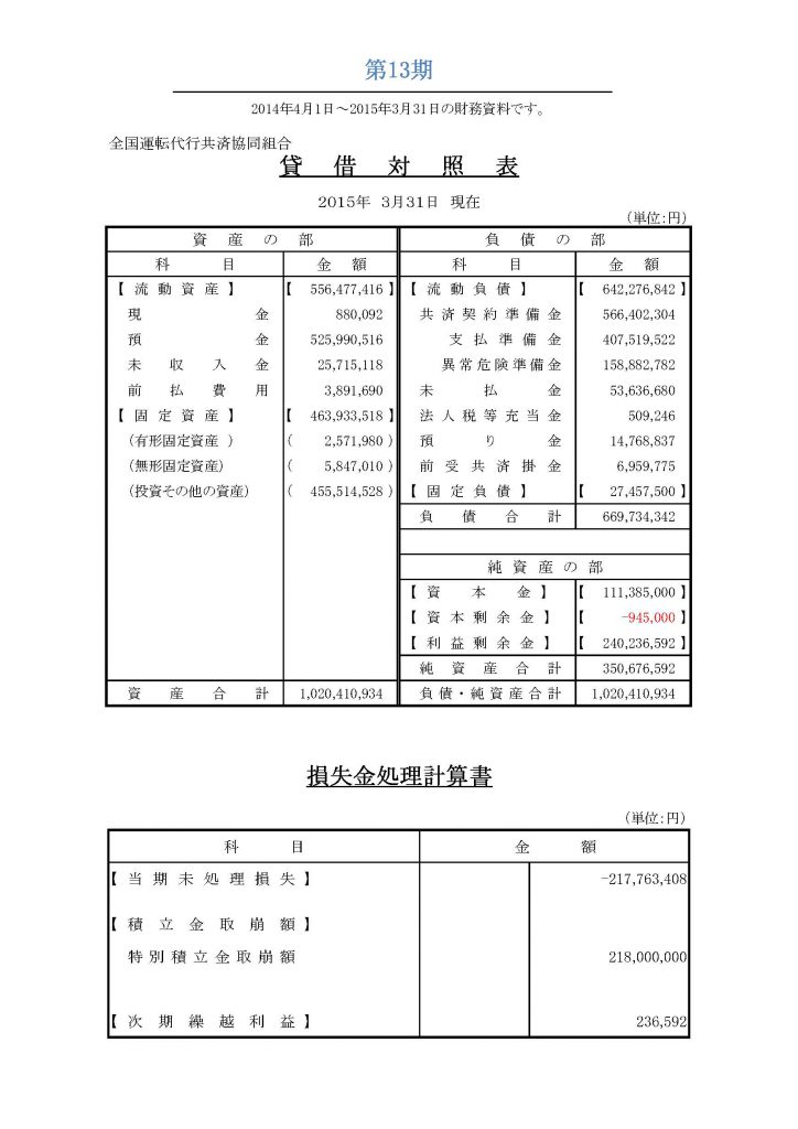 ●決算書2014年度（第13期）