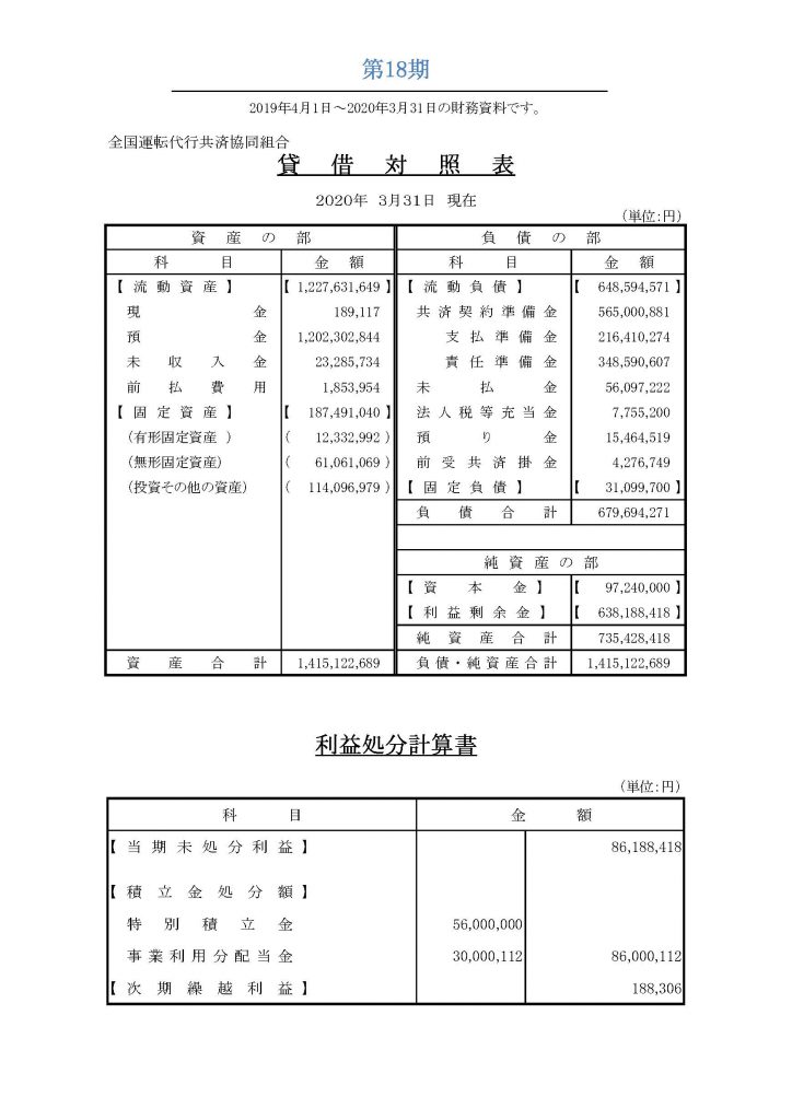 ●決算書2019年度（第18期）