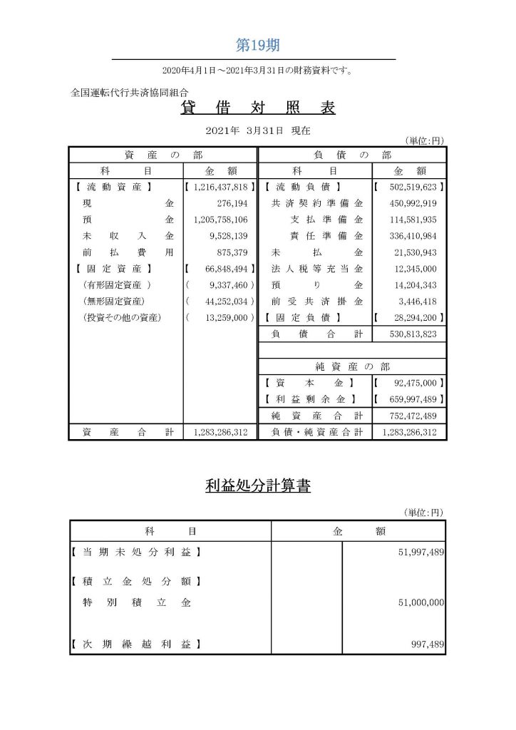 ●決算書2020年度（第19期）